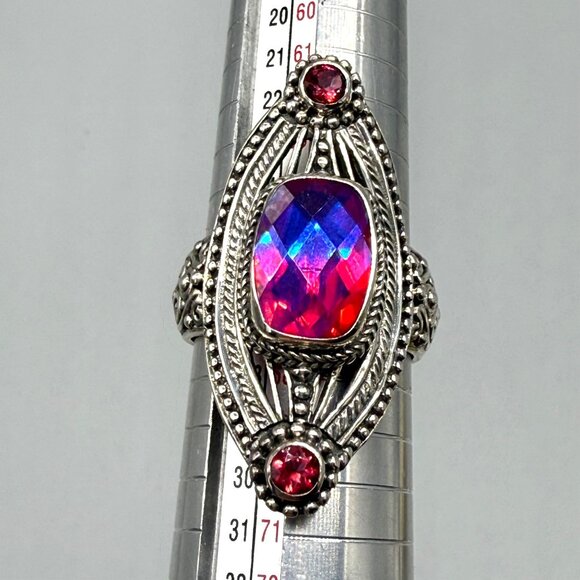 Sarda Artisan Gem Rainbow Red & Mystic Quartz Triplet Sterling Silver Ring Size - Picture 2 of 9